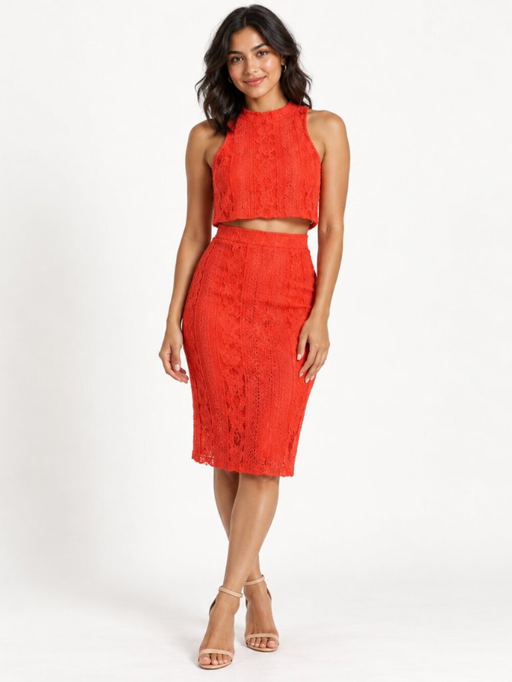 Missguided Size 10 Coral Lace Crop Top Skirt Set 2 Piece Co Ord Party